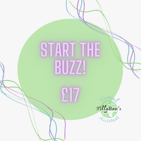 Graphic for Blog package £17, start the buzz written in a green circle with purple writing