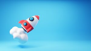 Red and white cartoon rocket on blue background